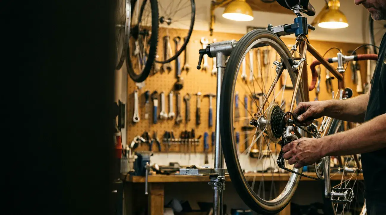 A bike getting a tune-up on the workshop stand